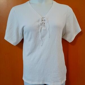 White Lace-up Front Knit Blouse